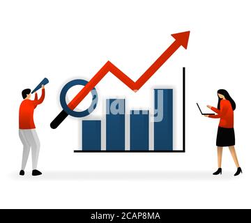 business and promotion of vector illustration. SEO logo, analyze and search for keywords and determine sales growth targets, charts with stable and in Stock Vector