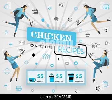 blue vector illustration concept. chicken recipes recipes cover book.  healthy cooking recipes and delicious food cover can be for, magazine, cover, b Stock Vector