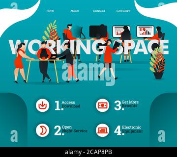 Creative people are sharing room at WORKING SPACE. people are developing business. can use for, landing page, web, mobile app, poster, flyer, vector i Stock Vector
