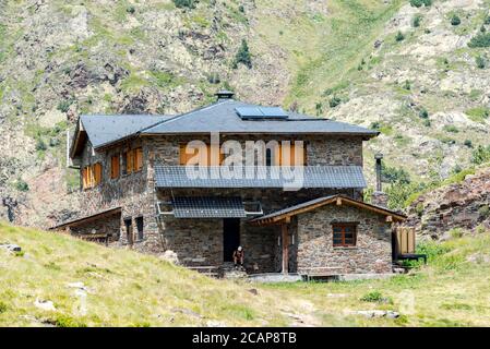 Coma Pedrosa, Andorra : 02 August 2020 : Coma Pedrosa refuge at 2266 meters of altitude in Andorra Pyrenees in summer 2020. Stock Photo