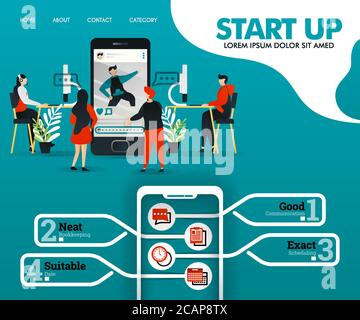 START UP is developing the application. programmer are repairing system. can use for, landing page, template, ui, web, mobile app, poster, vector illu Stock Vector