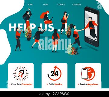 men get out of smartphone and HELP UP. people attracted and join. can be for business finance, insurance, advertising, service, landing page, template Stock Vector