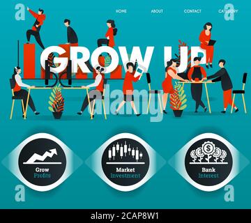 people are working, employees are discussing for GROW UP company. can use for, landing page, template, ui, web, mobile app, poster, banner, online pro Stock Vector