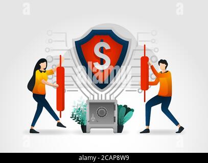 flat cartoon character. shield safeguard financial data and customer transaction database for bank. banking provides professional security services fo Stock Vector