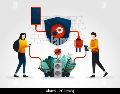 vector flat cartoon character. people are sharing electricity in a terminal has been protected by security systems. new security technology provides t Stock Vector