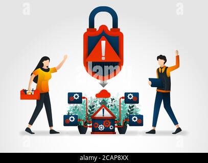 flat character. warning system alerts developers to security threats. security company deployed technicians for monitoring and surveillance of securit Stock Vector