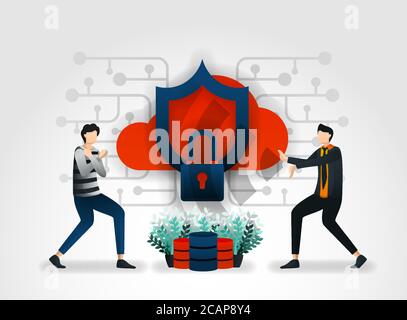flat cartoon character. developers keep cloud storage, server, database from attacks by thieves and hackers. security companies conduct assessments on Stock Vector