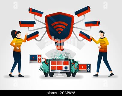 flat character. security cameras take maximum care in effort to protect data security. security industry complements their services with security vide Stock Vector