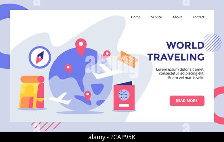 World traveling pointer location spread on earth campaign for web website home homepage landing page template banner with flat style. Stock Vector