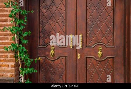 Old vintage wooden door with brick archway. Front door, double brown front door with a secured front entrance. Stock Photo