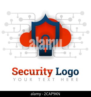 Security logo template for cloud storage, network, internet, software, technology, wifi safety, hacking, online protection, delivery, e-commerce. can Stock Vector