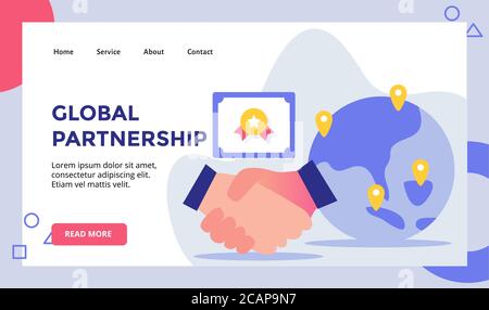 Global partnership handshake background of certificate campaign for web website home homepage landing page template banner with flat style Stock Vector