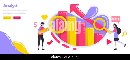 Analytical and graphic illustration. Charts that rise and increase with arrows for analysis. People are analyzing graphs and charts for businesses. Fl Stock Vector