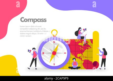 Compass and Maps Illustration Concept, trip and destination. Modern flat design concept for Landing page website, mobile apps ui ux, banner poster, fl Stock Vector