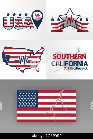 logo for earthquake south california 7.1 on the richter scale. United States flag logo with cracks. 4 logos illustrating disasters with stars, line lo Stock Vector