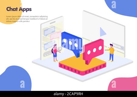 Chat apps isometric design Illustration Concept. Modern flat design concept for Landing page website, mobile apps ui ux, banner poster, flyer brochure Stock Vector