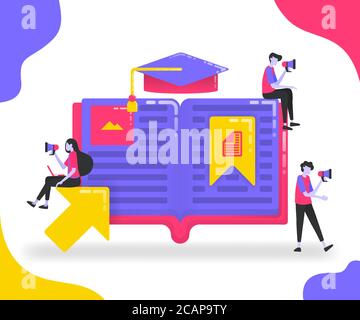 Book illustrations for education. Students who study between books or dictionaries. Bookmark on important pages in the book. Graduation hat. flat vect Stock Vector