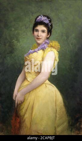 Echtler Adolf - Lady in Yellow Dress with Lilac in Her Hair - German School - 19th  Century Stock Photo