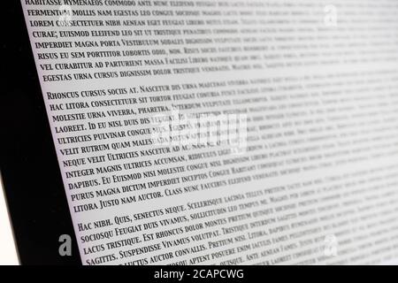 Lorem Ipsum text on a computer screen, a placeholder for text used to demonstrate the visual form of a document or font in publication and design Stock Photo