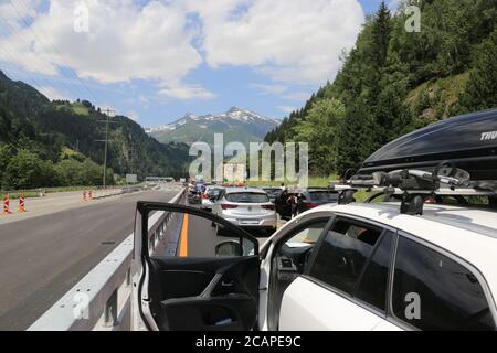 Traffic jam after an accident in the Gotthard tunnel (Motorway 2 ...