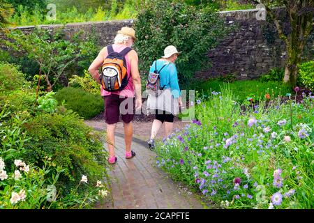Older people visiting the National Botanic Garden of Wales looking at flower beds in summer August 2020 Carmarthenshire Wales UK  KATHY DEWITT Stock Photo