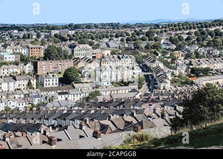 Social and private housing mix at Ford in Plymouth, in the distance new builds at North Prospect with St Budeaux and Dartmoor in the distance Stock Photo