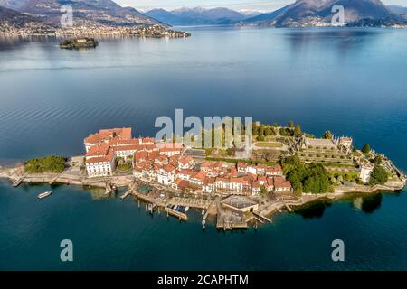 Aerial view of Island Bella at Lake Maggiore, is one of the Borromean Islands in Piedmont of north Italy, Stresa, Verbania Stock Photo