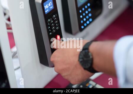 Fingerprint scan provides security access with biometrics identification. Business Technology Safety Internet Concept. Stock Photo