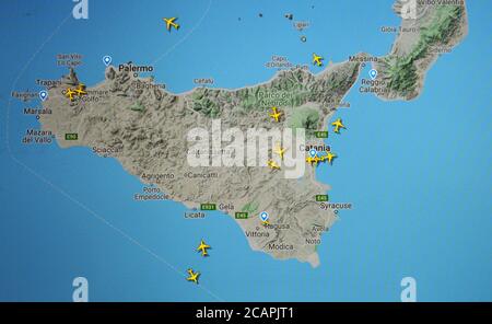 air traffic over Sicily island (08 august 2020, UTC 09.09), on Internet with Flightradar 24 site, during the Coronavirus Pandemic Stock Photo