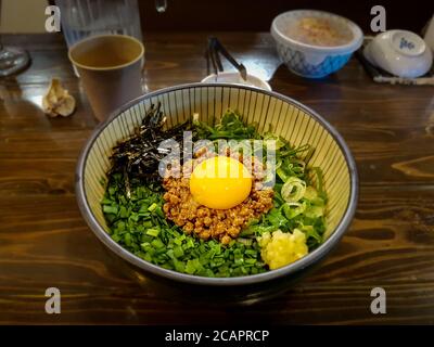 Mazesoba ramen, or Abura soba. Essentially ramen and toppings served with a small quantity of oily soy-based sauce. Japanese traditional food. Stock Photo