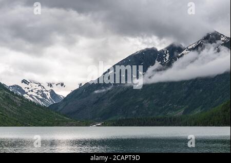 Altai Mountains and Lake Nature Conifer Forests Stock Photo