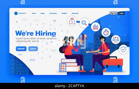 Banner or landing page to recruit employees or we're hiring design concepts. Cartoon illustration of job seeker interview. Can use for landing page, W Stock Vector