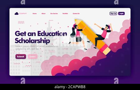 Ads to get educational scholarships with flat cartoon for Landing Page or website. Illustration of a student riding a pencil. Can use for landing page Stock Vector