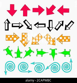 Set of multi-colored arrows of different shapes in different directions for the design of websites, articles, banners and templates. Stock Vector