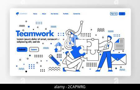 Teamwork vector design for business landing page website with flat cartoon illustration. people finish and solve puzzel . find a solution. Can use for Stock Vector