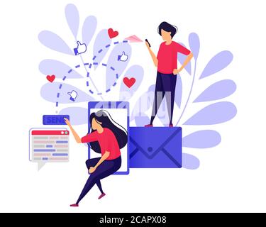 Send Messages and Email. Girl Send Like And Love With a Mobile Phone. Smartphone Social Media Apps. Character Concept Vector Illustration For Web Land Stock Vector