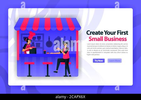 vector flat illustration of opening a food stall or small medium business. customer and chef started to become entrepreneur or startup founder. can us Stock Vector