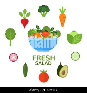 Fresh salad in bowl for vegetarian menu and healthy food advertising. Salad bar. Salad ingredients. Applicable food concept in flat style. Vector illu Stock Vector