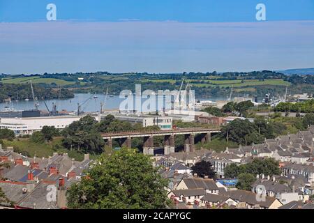 St Levans Viaduct near Devonport Station in Plymouth. To the for terraced housing at Stoke and Ford and beyond the Devonport Dockyard and Naval base Stock Photo