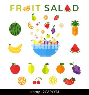 Healthy food concept. Fruit salad in blue bowl isolated on white background. Fruit bowl. Cooking ingredients. Vegan menu. Vector illustration. Stock Vector