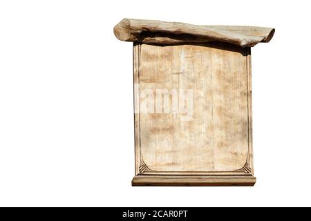 Wooden board in the shape of a scroll of parchment. Isolated on white background. Stock Photo