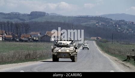 30th March 1994 During the war in Bosnia: British Army FV107 Scimitars of the Light Dragoons Regiment on patrol just east of the British base in Bila, near Vitez. Stock Photo