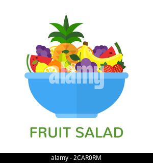 Fresh fruit salad in blue bowl isolated on white background. Healthy food concept. Vegan menu. Vector illustration. Stock Vector
