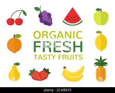Organic fresh tasty fruits concept. Set of flat fruits. Vegan menu. Healthy food design. Vector illustration. Stock Vector