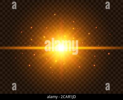 Futuristic light on transparent background. Gold star burst with beams and sparkles. Sun flash with rays and spotlight. Glowing effect. Colorful lens Stock Vector