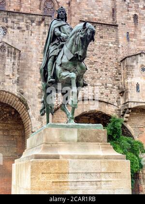 4 March 2020: Barcelona, Spain - Equestrian statue of Ramon Berenguer III, Count of Barcelona, on Via Laietana, Barcelona, by Josep Llimona. Stock Photo