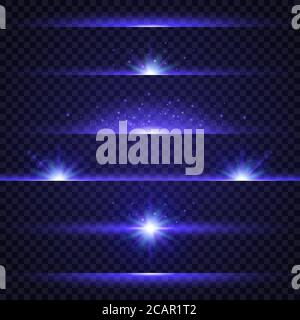 Lens flare set. Collection of blue light effects on transparent background. Glowing lights, stars and sparkles. Star burst. Flash with rays and spotli Stock Vector