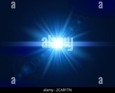 Glowing light effect. Blue lens flare. Glare light. Explosion star. Flash with rays and spotlight. Vector illustration. Stock Vector