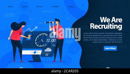 Landing page or poster design template about we recruiting employees. Looking for new fresh graduate by accessing all media platforms. Vector Illustra Stock Vector