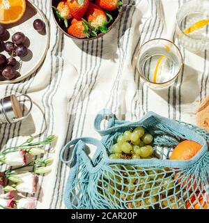 Summer picnic flatlay, fruits, berries and lemon water on striped cotton blanket Stock Photo